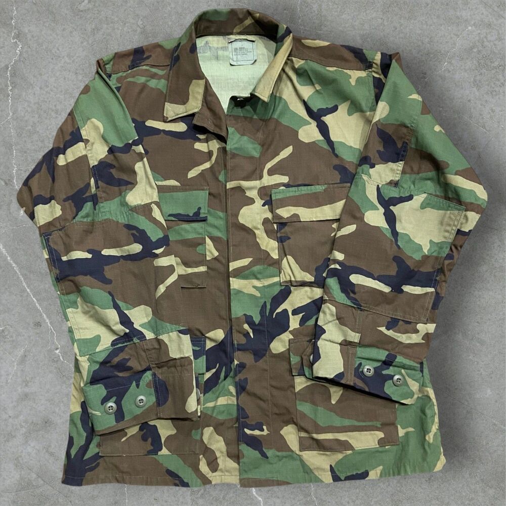 US Army Military Ripstop Camouflage Green Brown Button Down Field Jacket Mens L